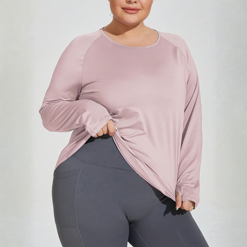 Plus Size Long Sleeve Workout Top for Women – Round Neck Gym Top with Thumb Holes