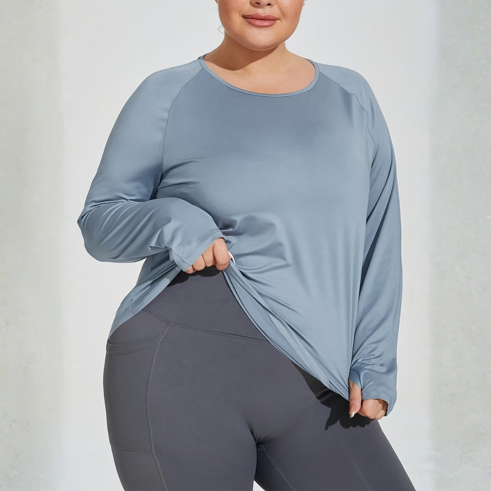 Plus Size Long Sleeve Workout Top for Women – Round Neck Gym Top with Thumb Holes