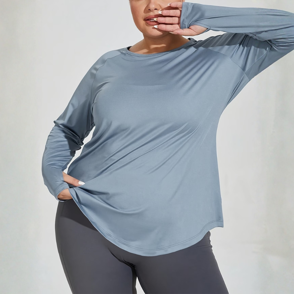 Plus Size Long Sleeve Workout Top for Women – Round Neck Gym Top with Thumb Holes