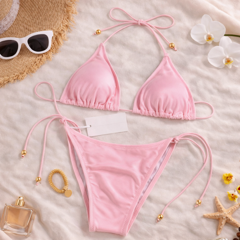 Printed Triangle Bikini Set for Women – Adjustable Halter Neck Tie Side Two Piece Swimwear