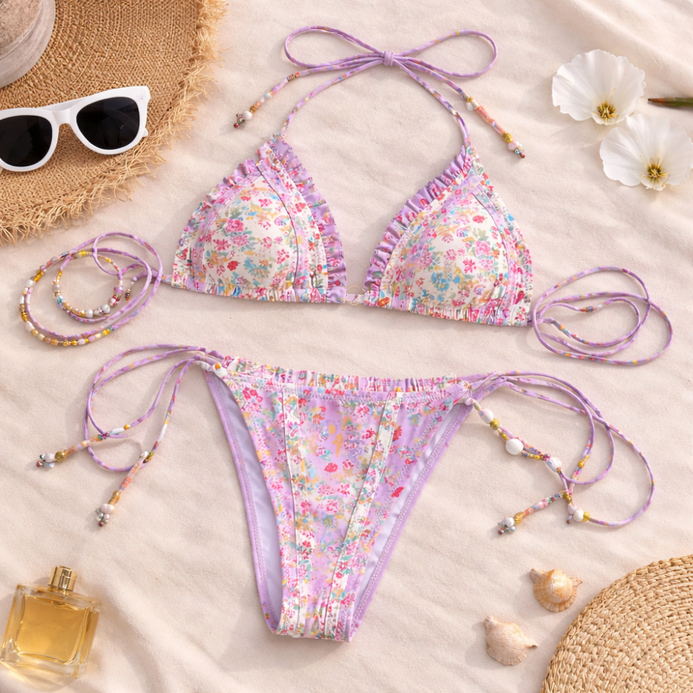 Printed Triangle Bikini Set for Women – Adjustable Halter Neck Tie Side Two Piece Swimwear
