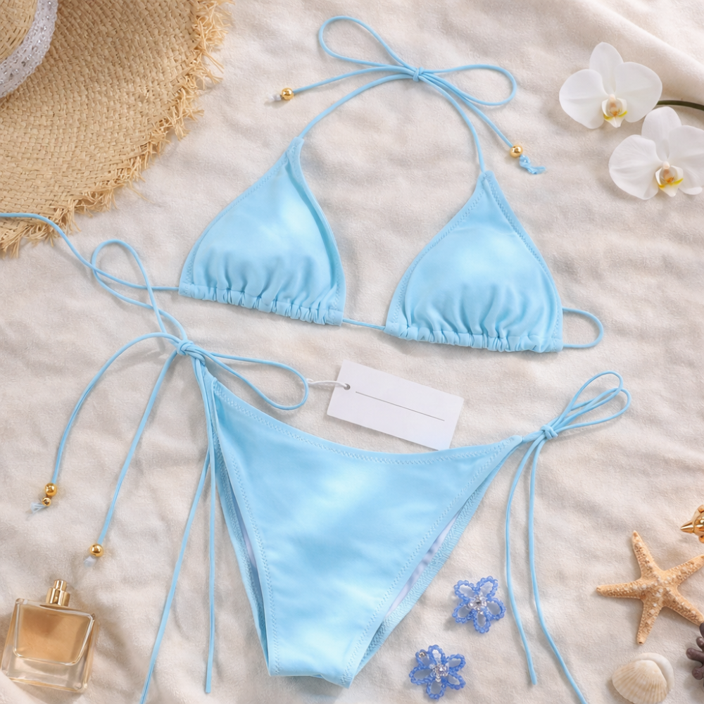 Printed Triangle Bikini Set for Women – Adjustable Halter Neck Tie Side Two Piece Swimwear