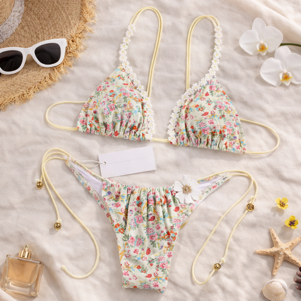 Printed Triangle Bikini Set for Women – Adjustable Halter Neck Tie Side Two Piece Swimwear