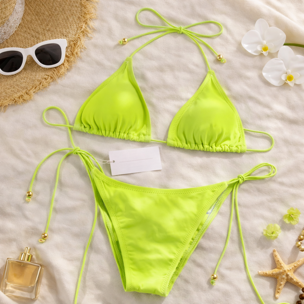 Printed Triangle Bikini Set for Women – Adjustable Halter Neck Tie Side Two Piece Swimwear
