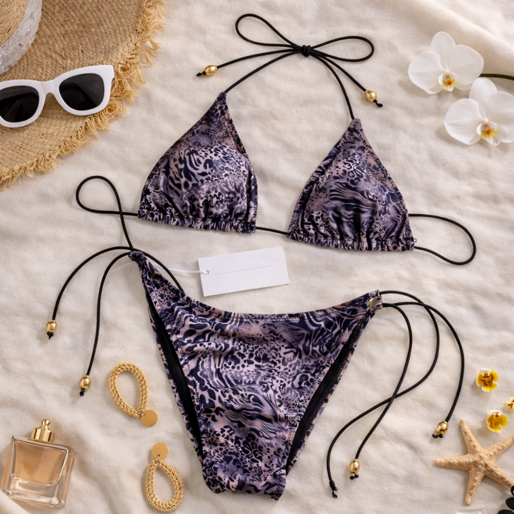 Printed Triangle Bikini Set for Women – Adjustable Halter Neck Tie Side Two Piece Swimwear