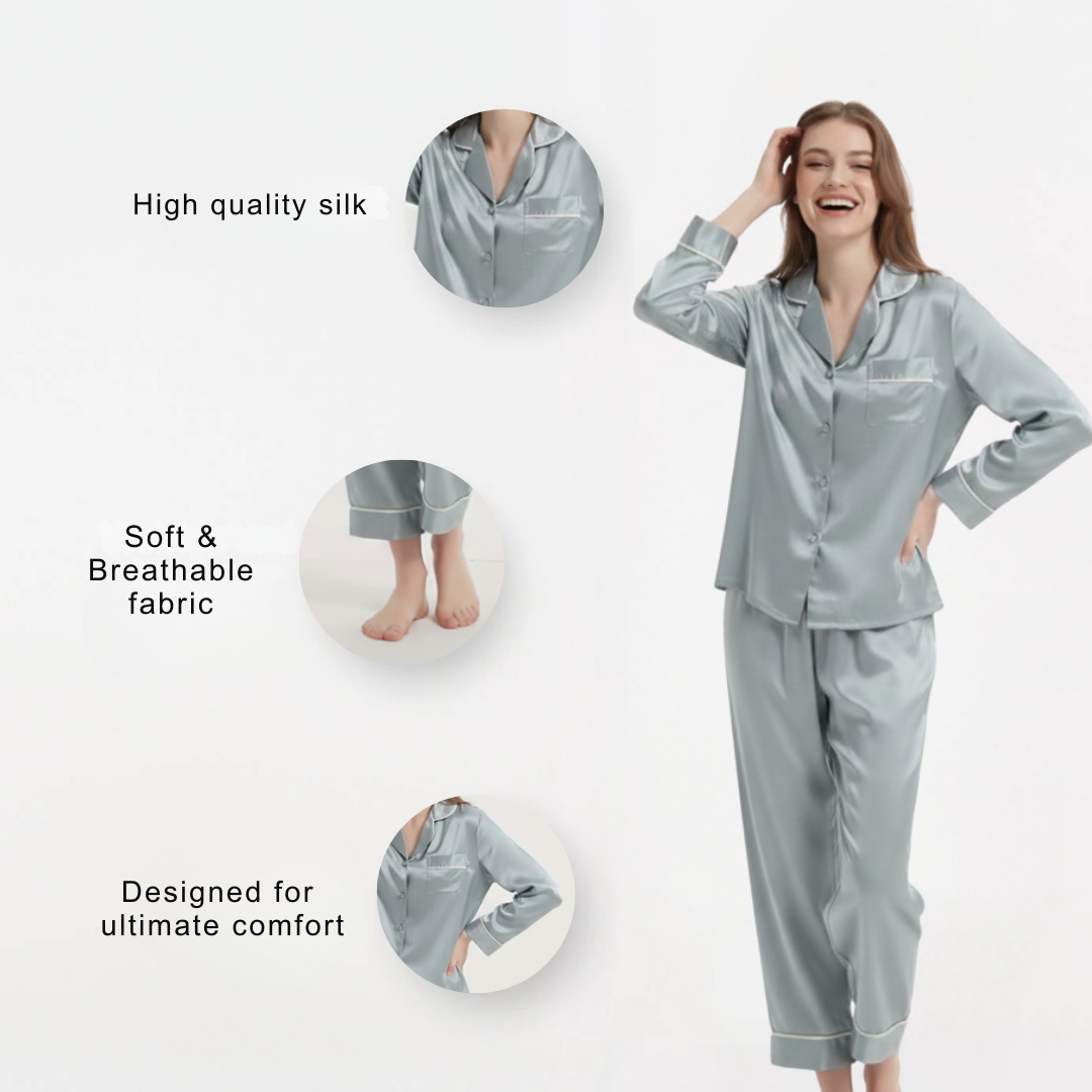 Striped Satin Pyjama Set for Women – Long Sleeve Button Up Two Piece Sleepwear