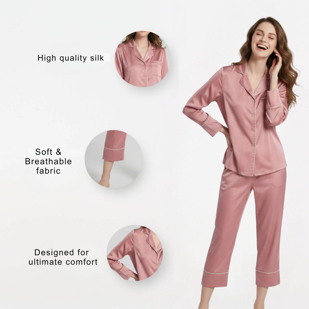 Women’s Satin Pyjama Set – Long Sleeve Button Up Two Piece Sleepwear Set