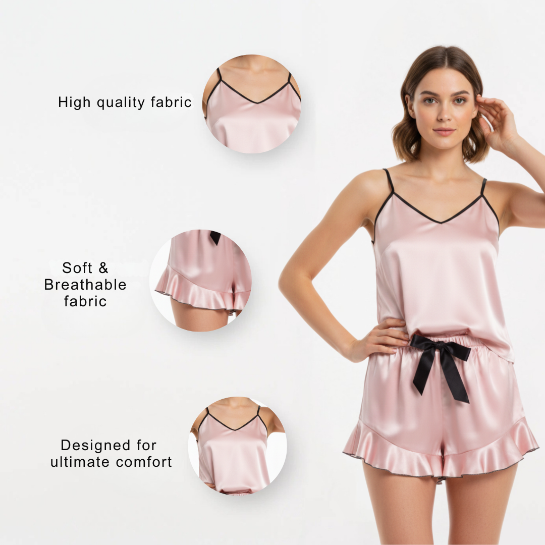 Women’s Cami Pyjama Set with Shorts – Sleeveless V Neck Summer Sleepwear