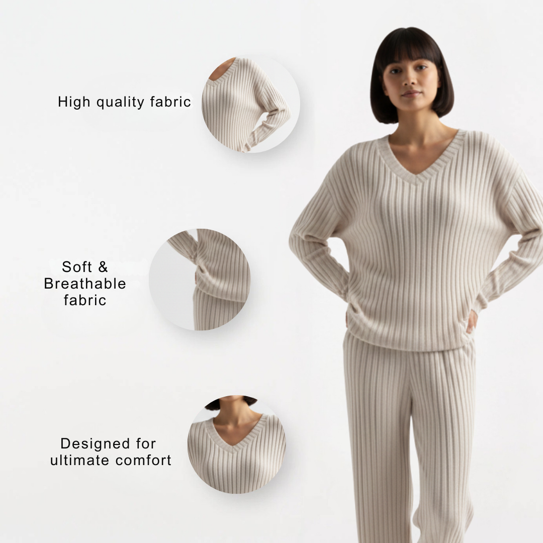 Ribbed Pyjama Set for Women – Long Sleeve Two Piece Lounge Sleepwear Set