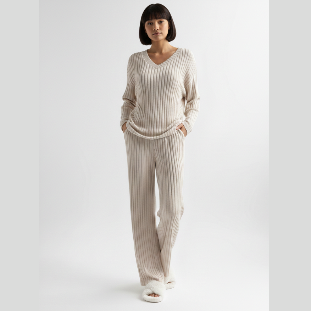 Ribbed Pyjama Set for Women – Long Sleeve Two Piece Lounge Sleepwear Set