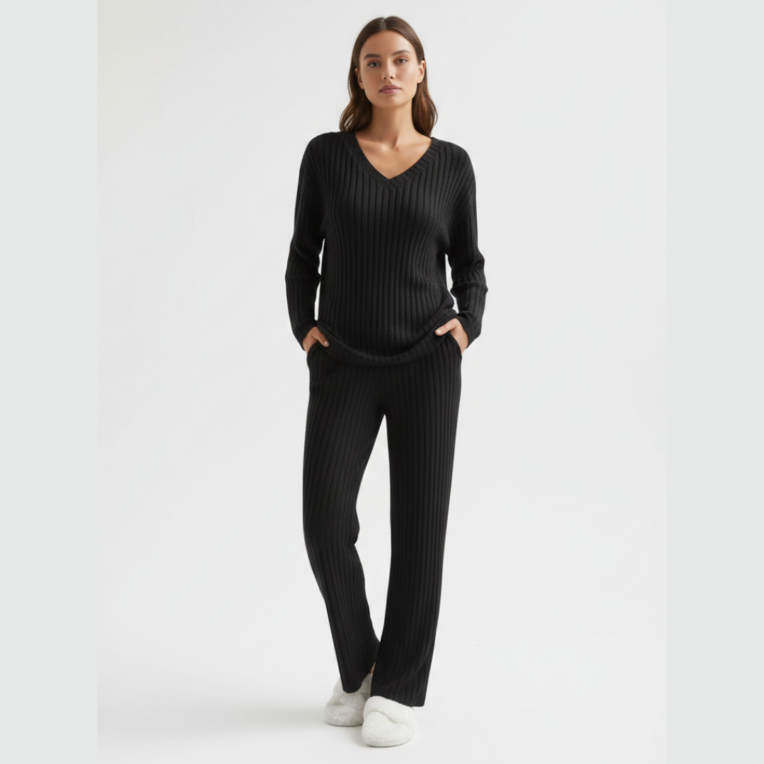 Ribbed Pyjama Set for Women – Long Sleeve Two Piece Lounge Sleepwear Set