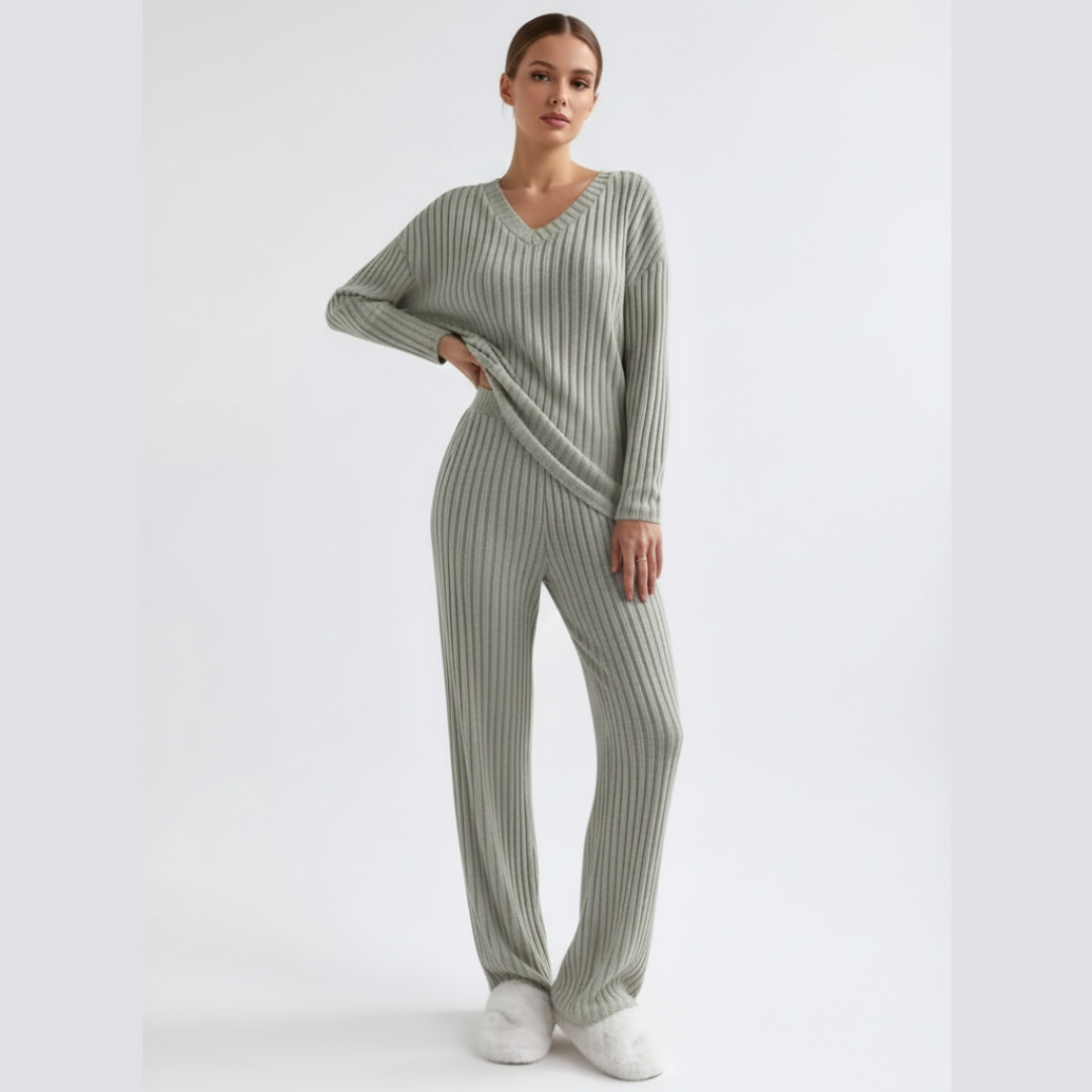 Ribbed Pyjama Set for Women – Long Sleeve Two Piece Lounge Sleepwear Set
