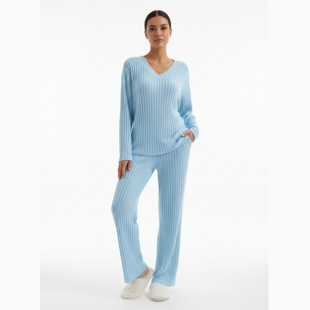 Ribbed Pyjama Set for Women – Long Sleeve Two Piece Lounge Sleepwear Set