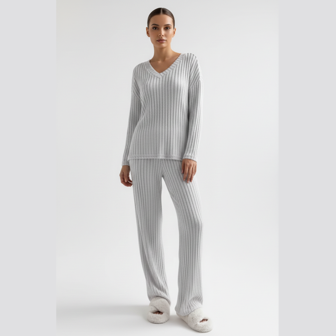 Ribbed Pyjama Set for Women – Long Sleeve Two Piece Lounge Sleepwear Set