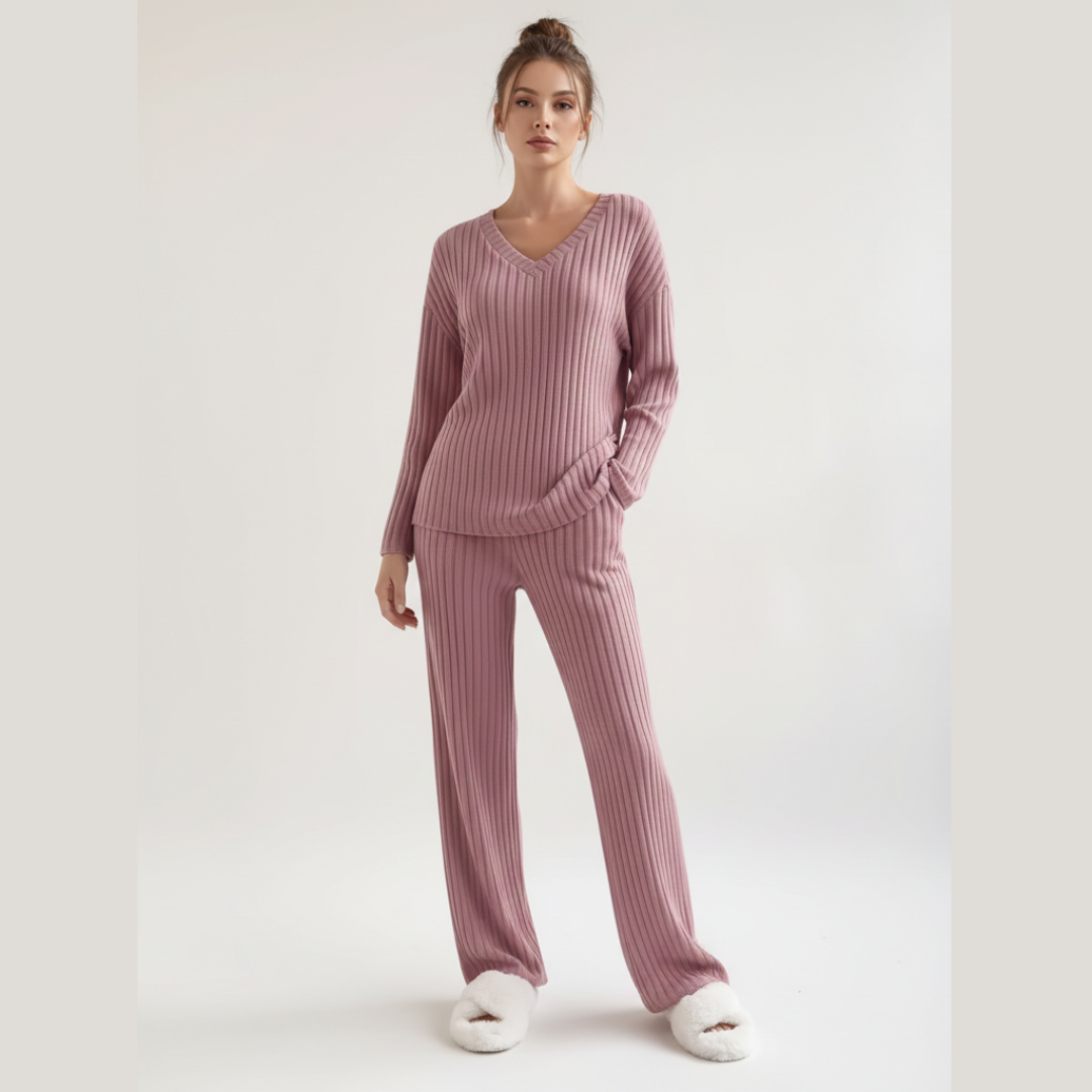 Ribbed Pyjama Set for Women – Long Sleeve Two Piece Lounge Sleepwear Set