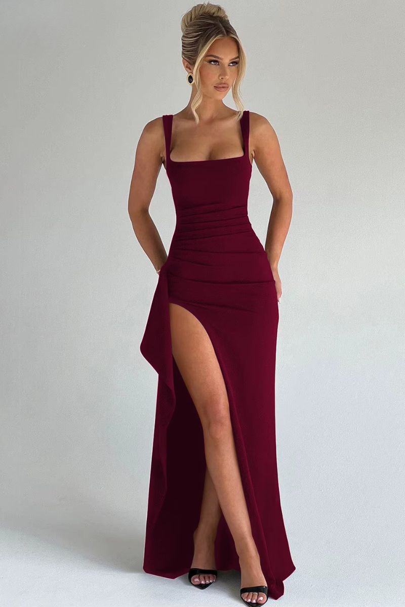 Ruched Slit Bodycon Maxi Summer Dress for Women – Strappy Evening Party Dress