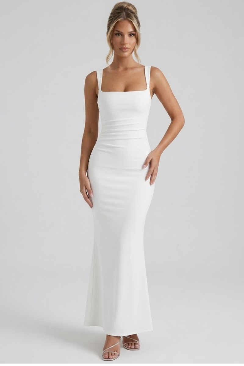 Ruched Slit Bodycon Maxi Summer Dress for Women – Strappy Evening Party Dress