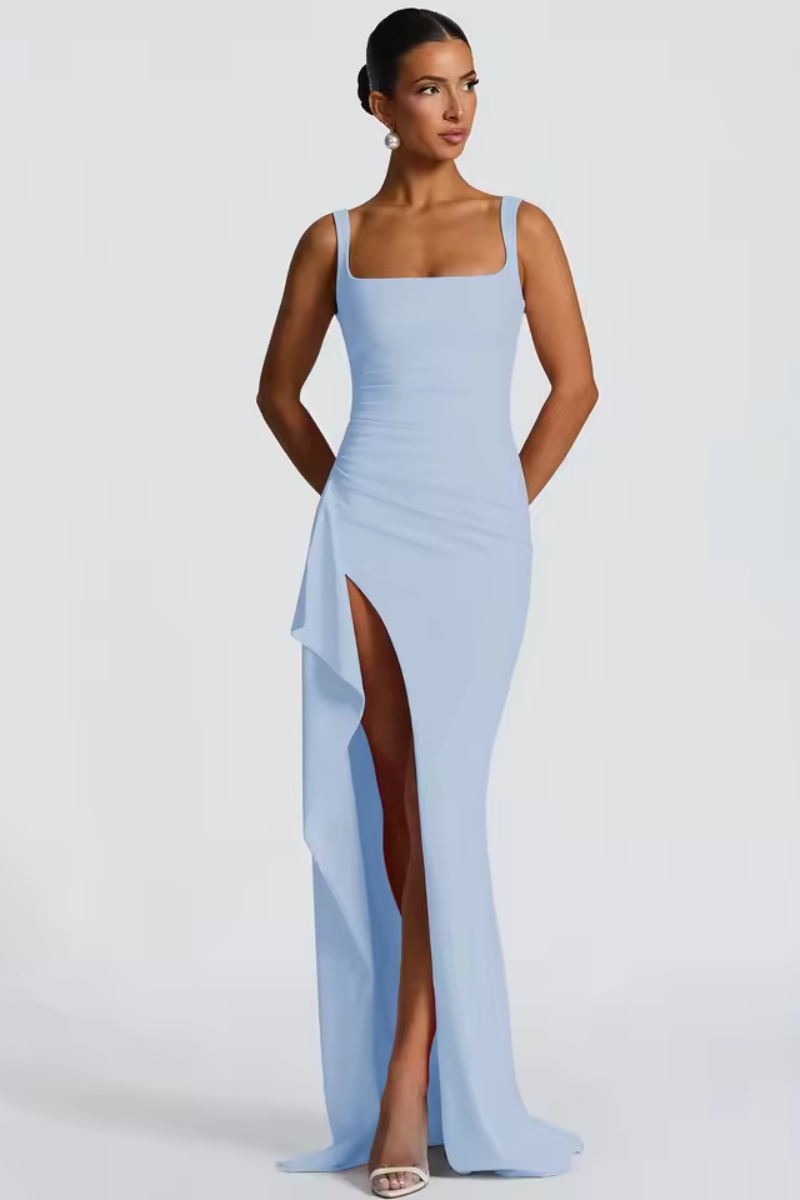 Ruched Slit Bodycon Maxi Summer Dress for Women – Strappy Evening Party Dress