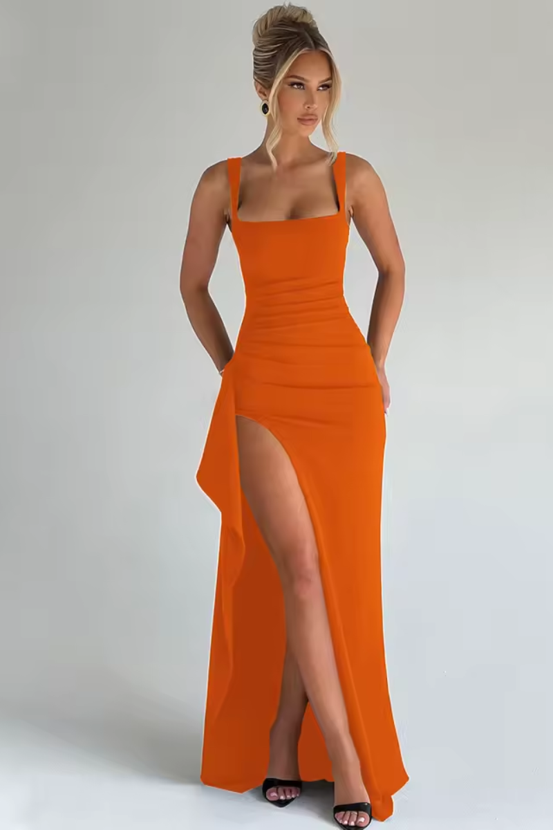 Ruched Slit Bodycon Maxi Summer Dress for Women – Strappy Evening Party Dress