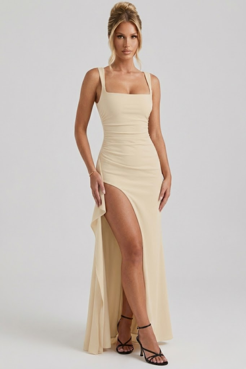 Ruched Slit Bodycon Maxi Summer Dress for Women – Strappy Evening Party Dress