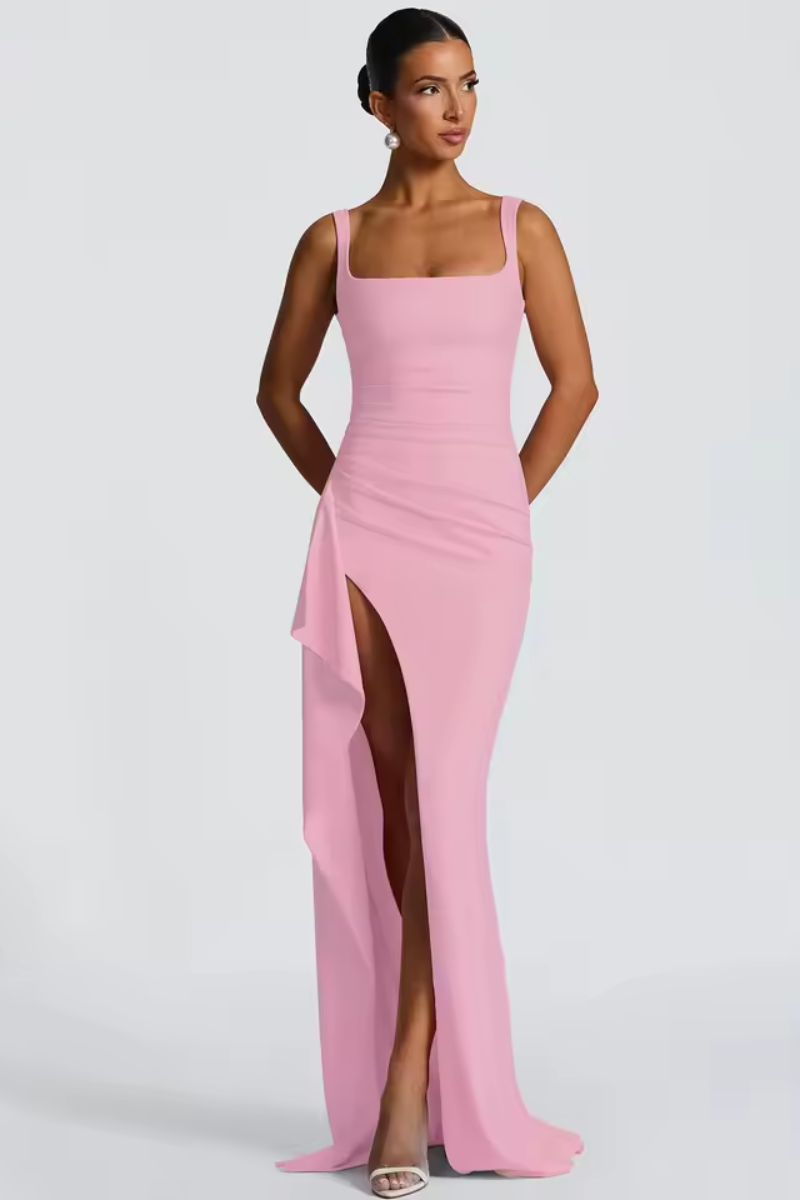 Ruched Slit Bodycon Maxi Summer Dress for Women – Strappy Evening Party Dress