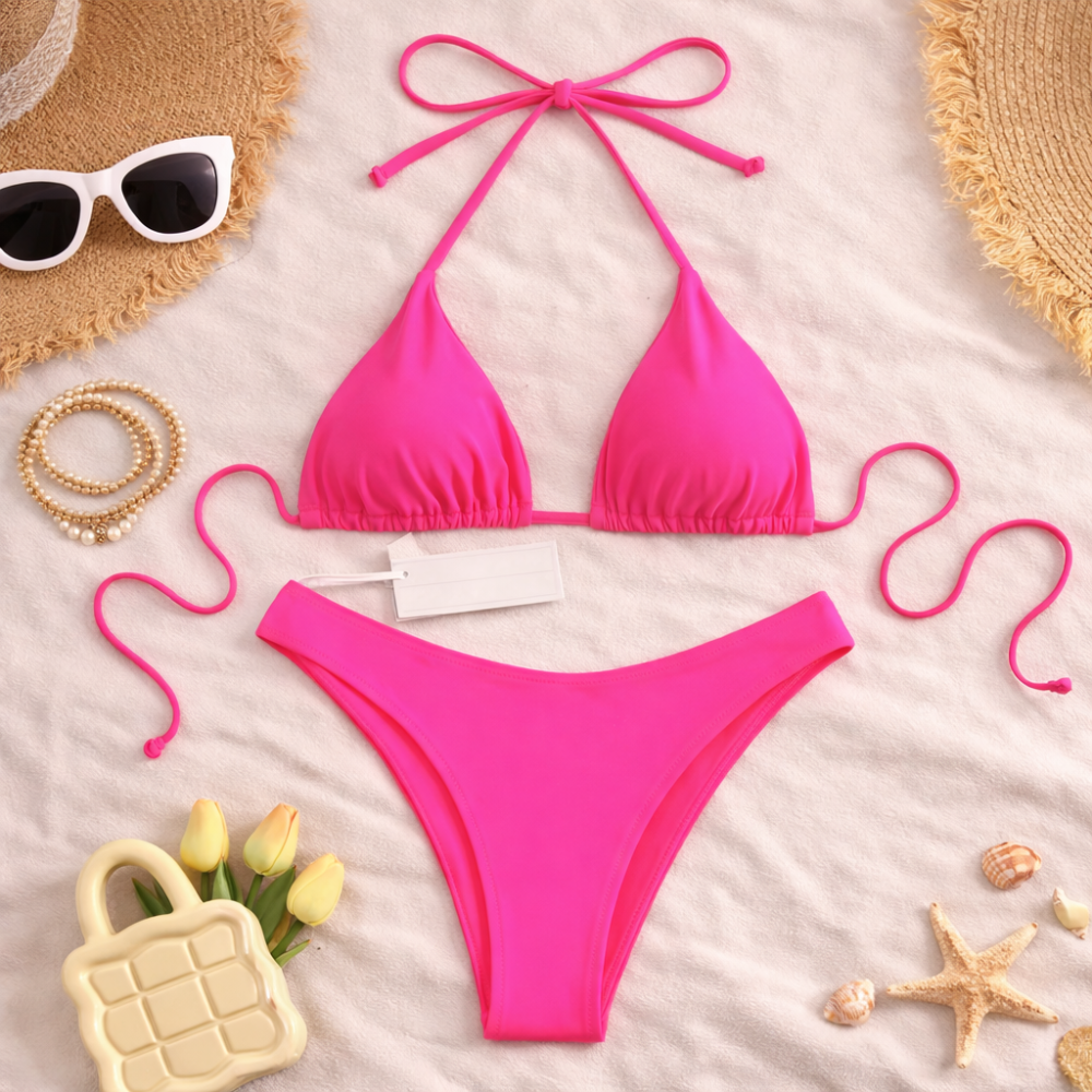 Triangle Bikini Set for Women – Adjustable Halter Neck Tie Side Two Piece Swimwear