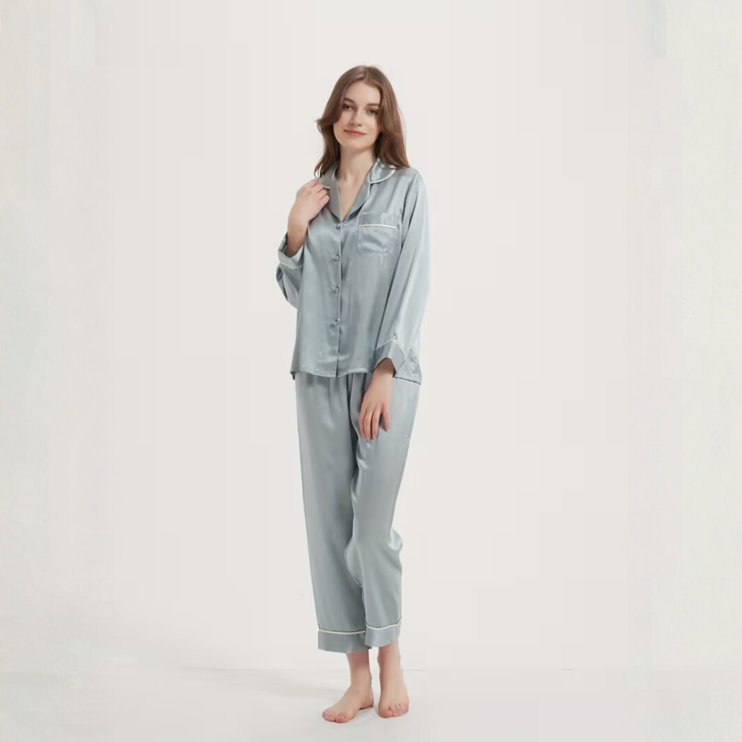 Striped Satin Pyjama Set for Women – Long Sleeve Button Up Two Piece Sleepwear
