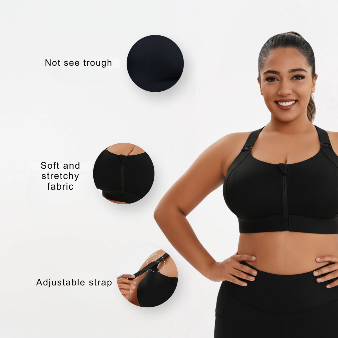 Plus Size Front Zip Sports Bra for Women – Adjustable Straps Workout Activewear