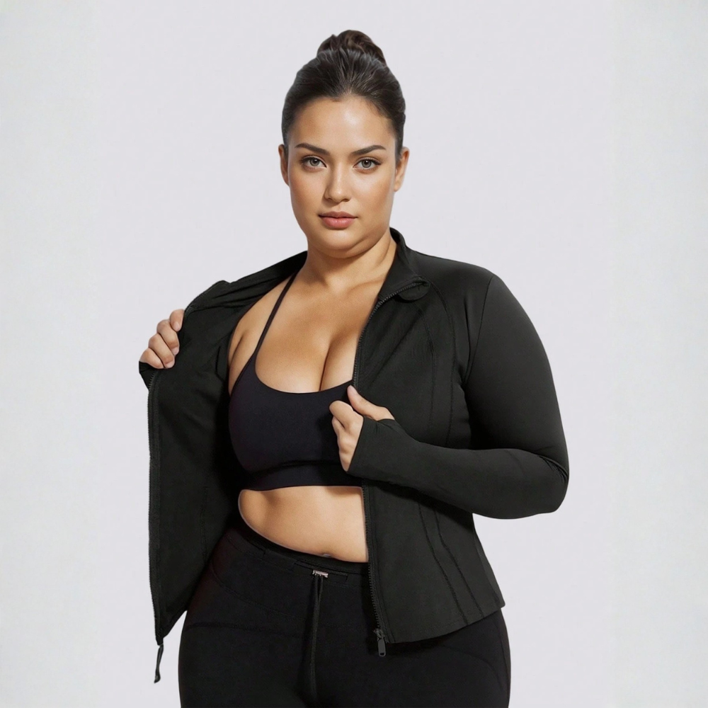 Plus Size Zip Up Activewear Jacket for Women – Long Sleeve Workout Gym Jacket