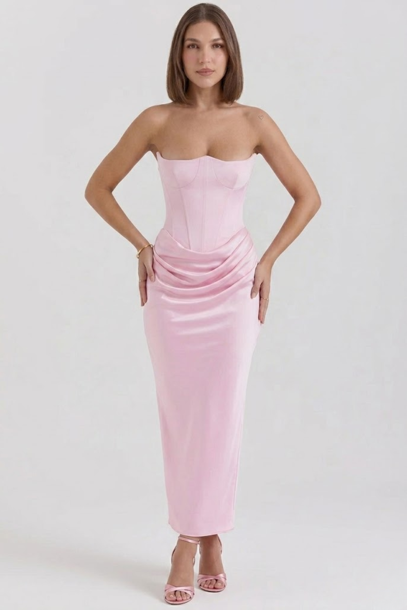 Strapless Satin Maxi Summer Dress for Women – Ruched Evening Party Dress