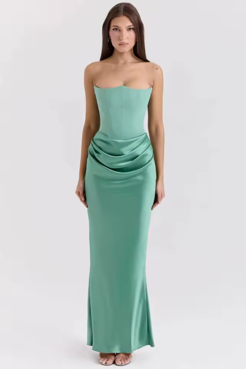 Strapless Satin Maxi Summer Dress for Women – Ruched Evening Party Dress