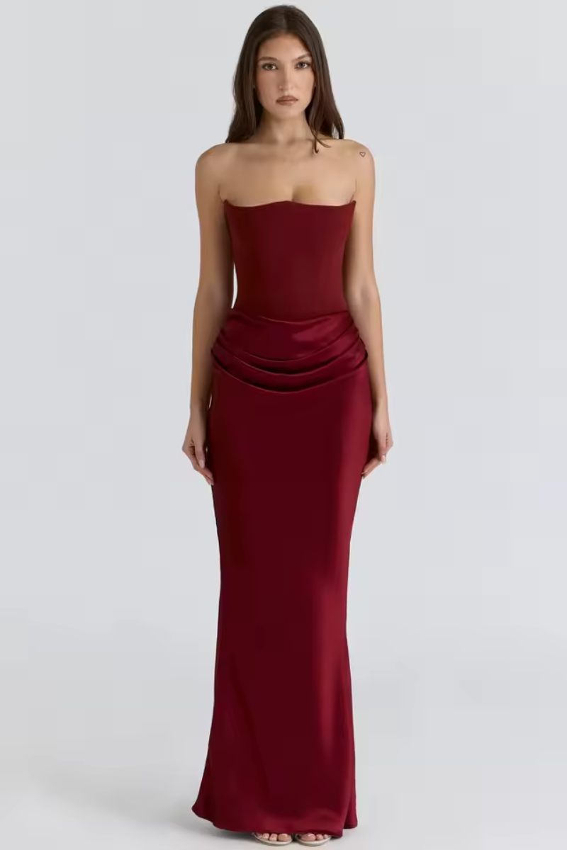 Strapless Satin Maxi Summer Dress for Women – Ruched Evening Party Dress