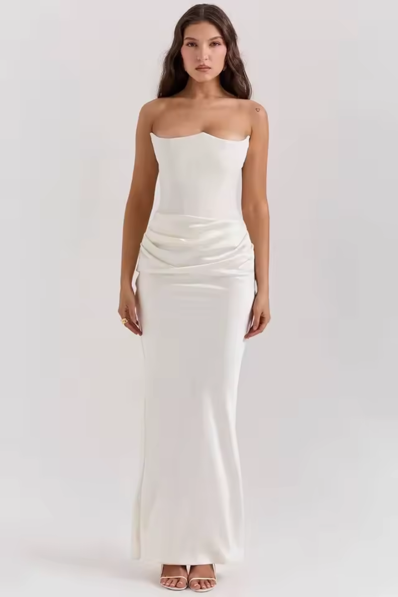 Strapless Satin Maxi Summer Dress for Women – Ruched Evening Party Dress