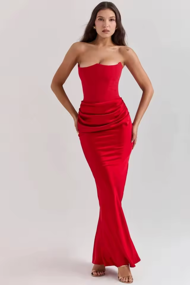 Strapless Satin Maxi Summer Dress for Women – Ruched Evening Party Dress