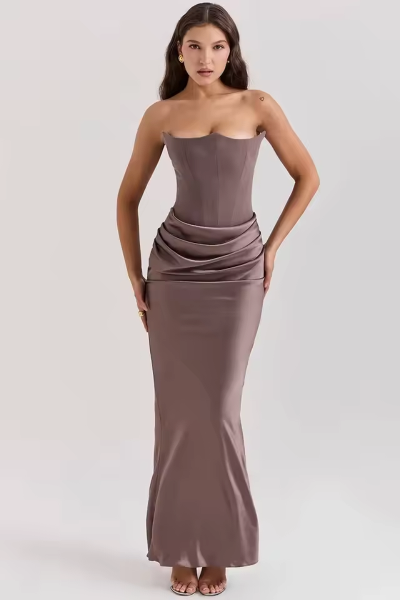 Strapless Satin Maxi Summer Dress for Women – Ruched Evening Party Dress