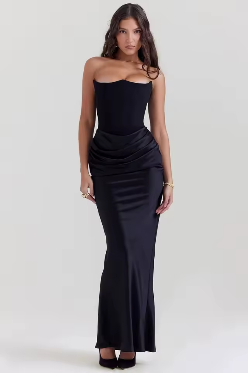 Strapless Satin Maxi Summer Dress for Women – Ruched Evening Party Dress
