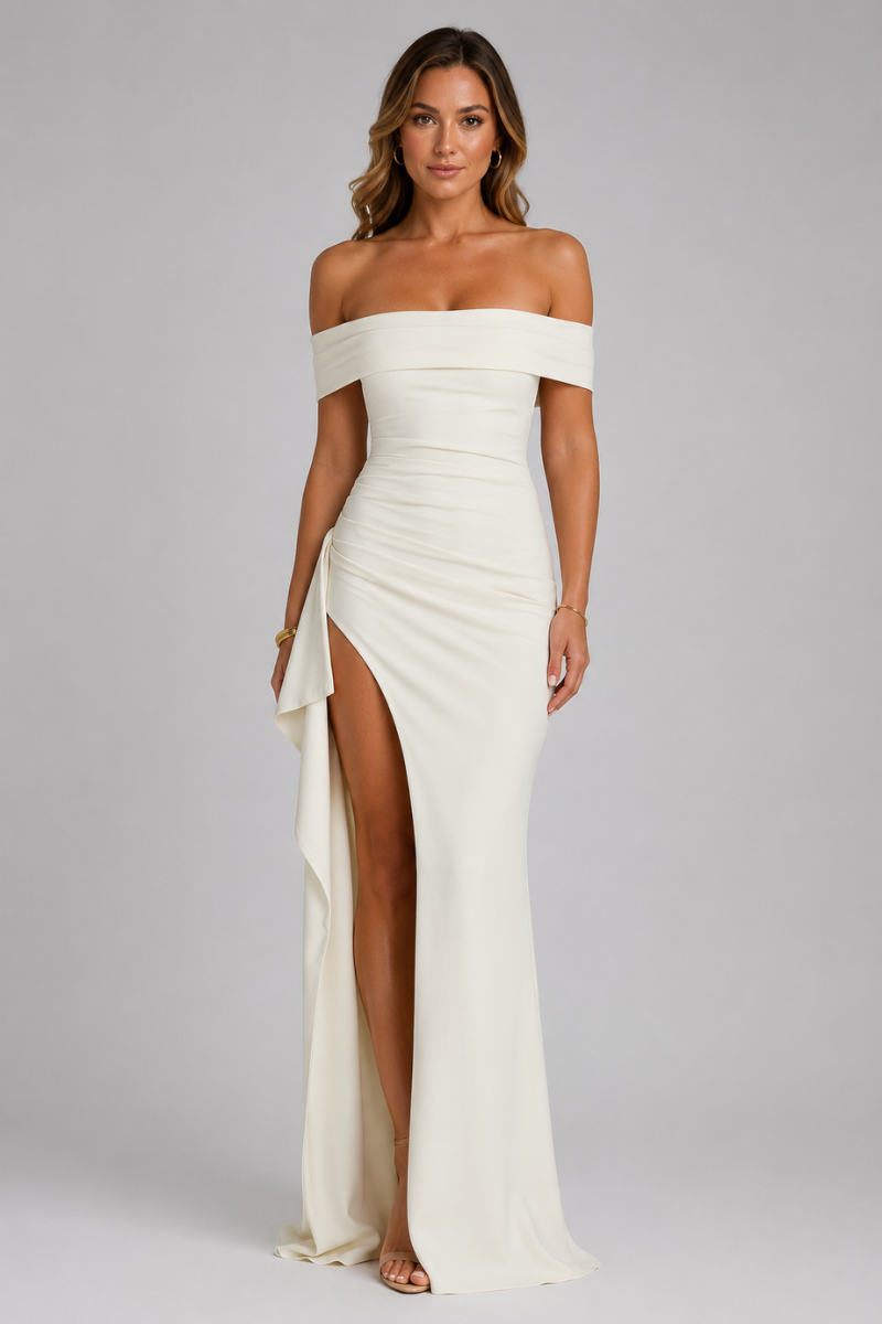 Women's Off Shoulder Pleated Slit Maxi Dress – Elegant Evening Occasion Dress