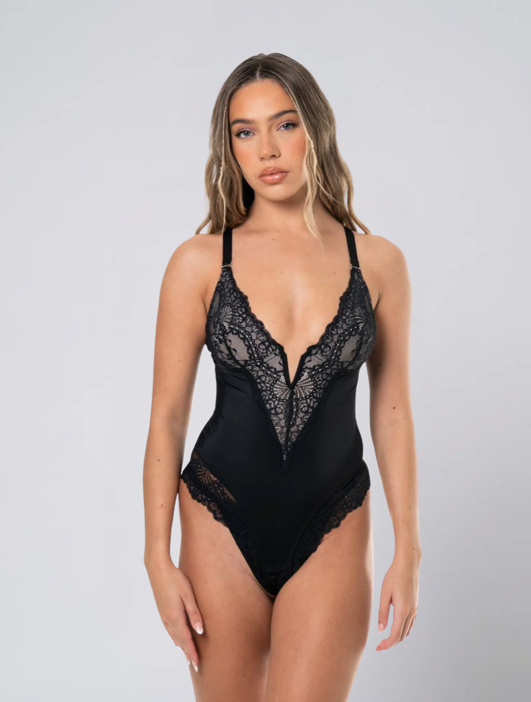 Seamless V Neck Lace Bodysuit for Women – Stretch Body with Feminine Detail