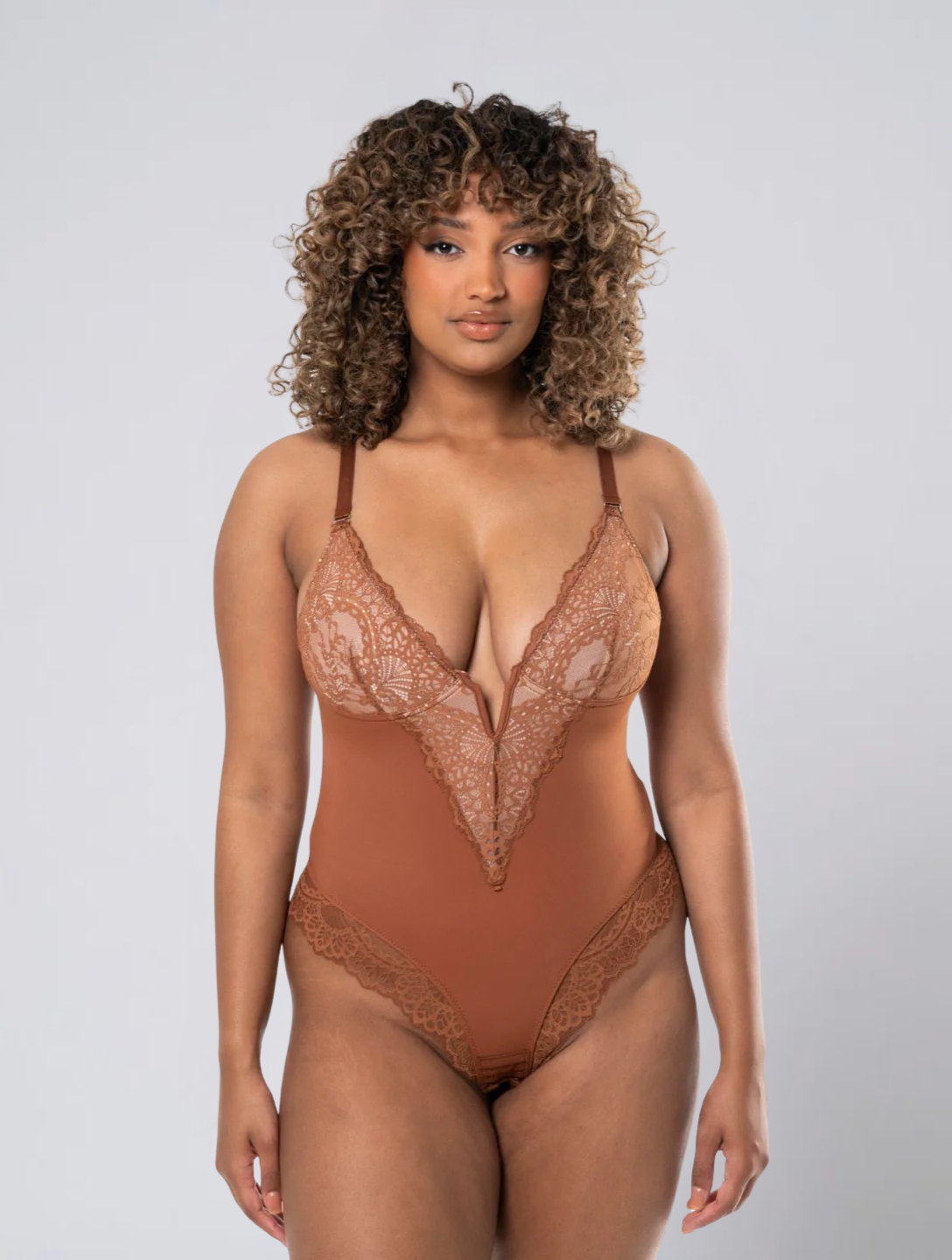 Seamless V Neck Lace Bodysuit for Women – Stretch Body with Feminine Detail
