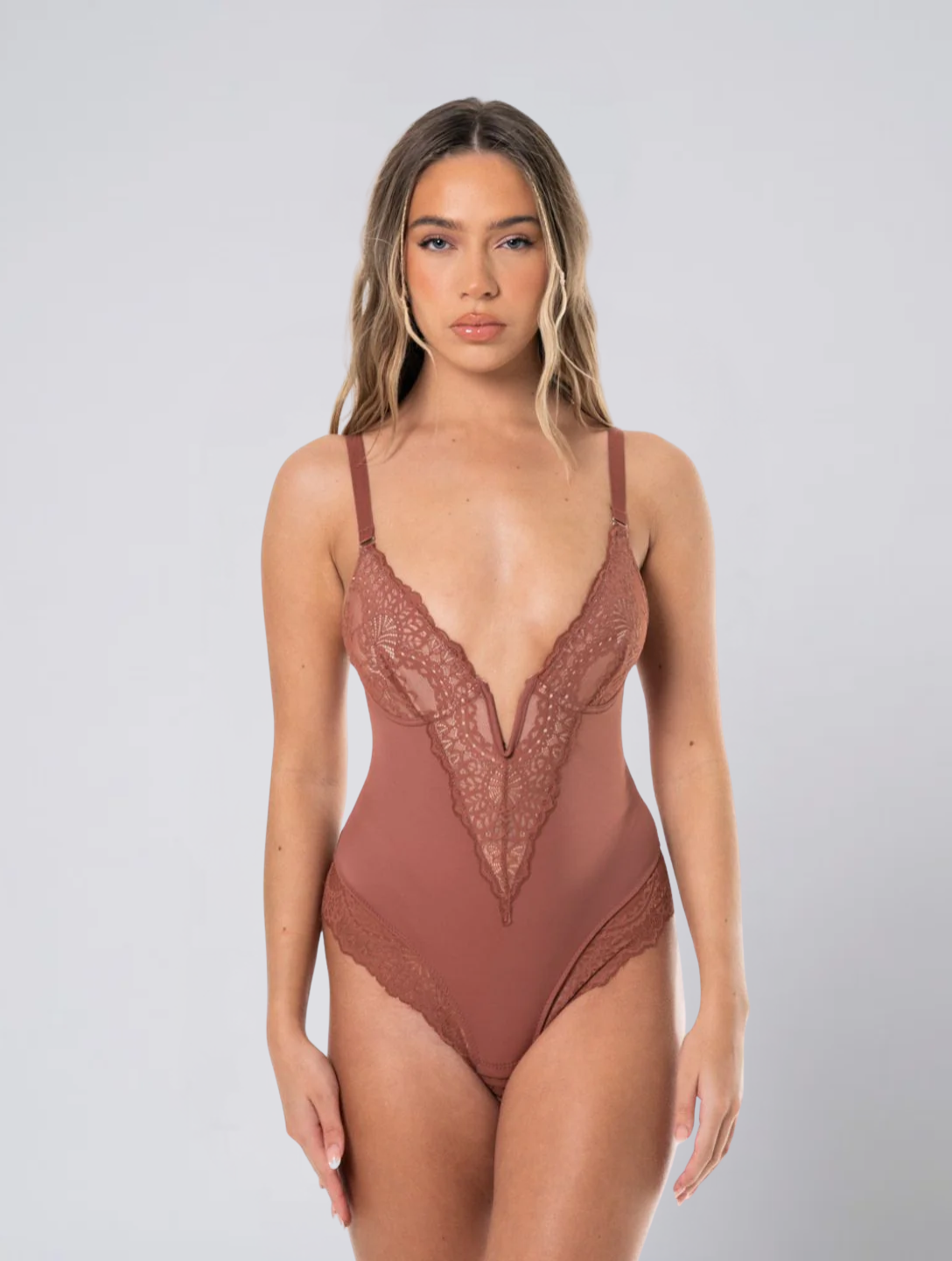Seamless V Neck Lace Bodysuit for Women – Stretch Body with Feminine Detail