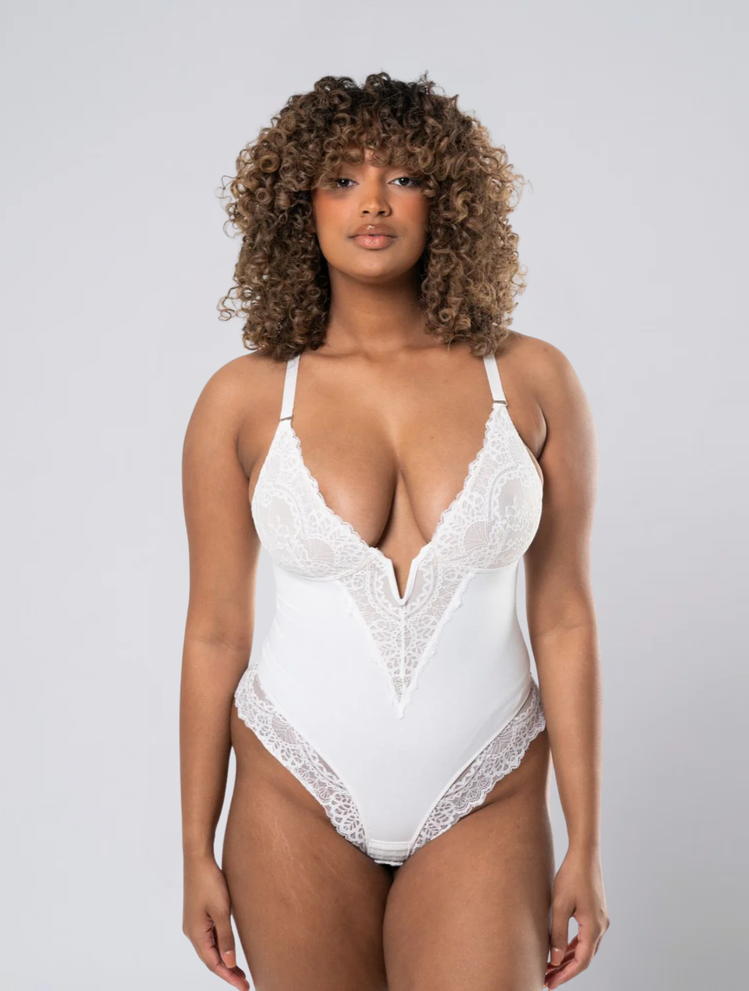 Seamless V Neck Lace Bodysuit for Women – Stretch Body with Feminine Detail