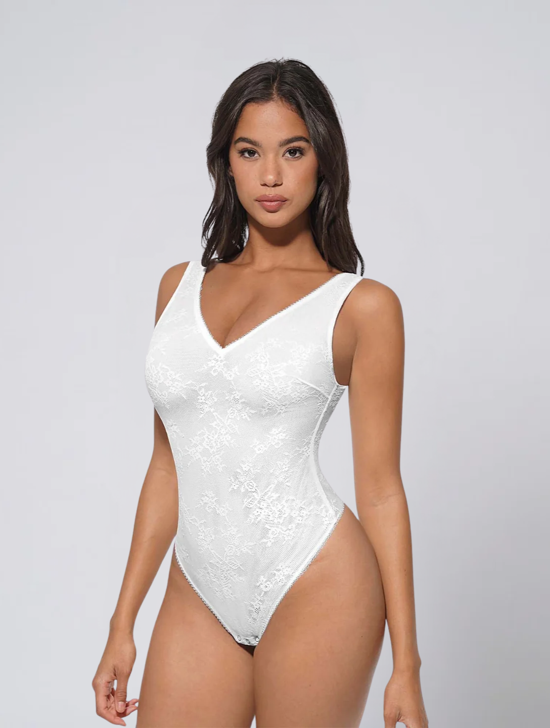Lace V Neck Bodysuit for Women – Stretch Body with Wide Straps