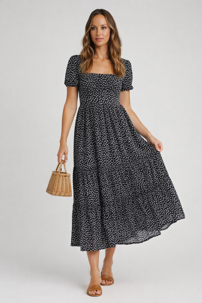 Vintage Floral Maxi Summer Dress for Women – Puff Sleeve Square Neck Beach Dress