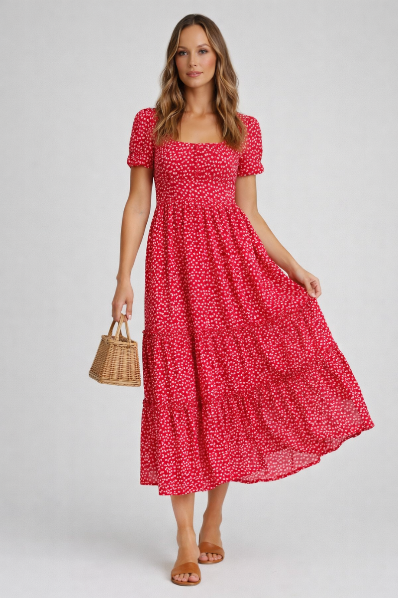Vintage Floral Maxi Summer Dress for Women – Puff Sleeve Square Neck Beach Dress