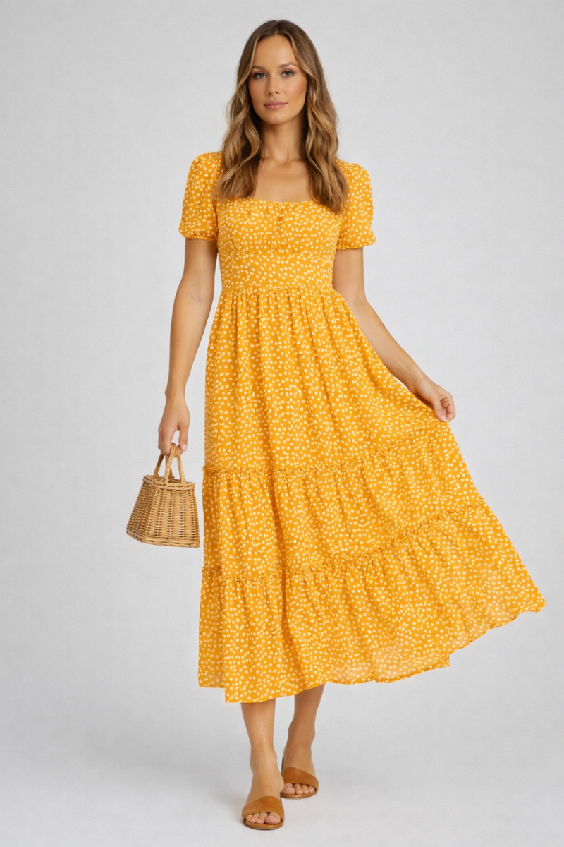 Vintage Floral Maxi Summer Dress for Women – Puff Sleeve Square Neck Beach Dress
