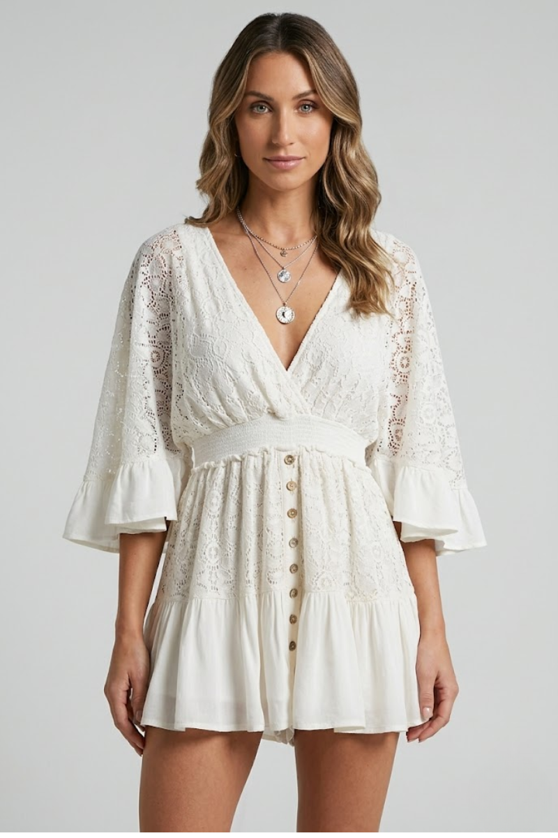 Lace Summer Mini Dress for Women – V Neck Button Front A Line Dress