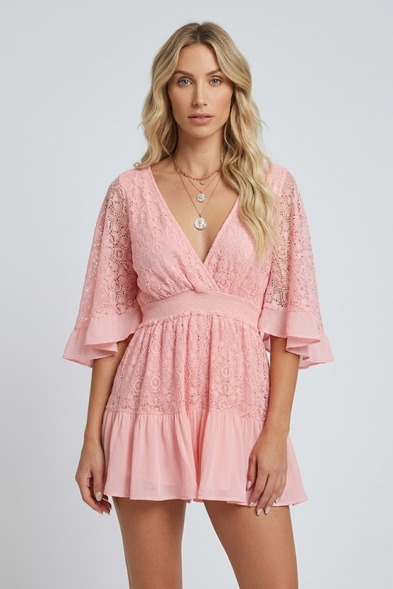 Lace Summer Mini Dress for Women – V Neck Button Front A Line Dress