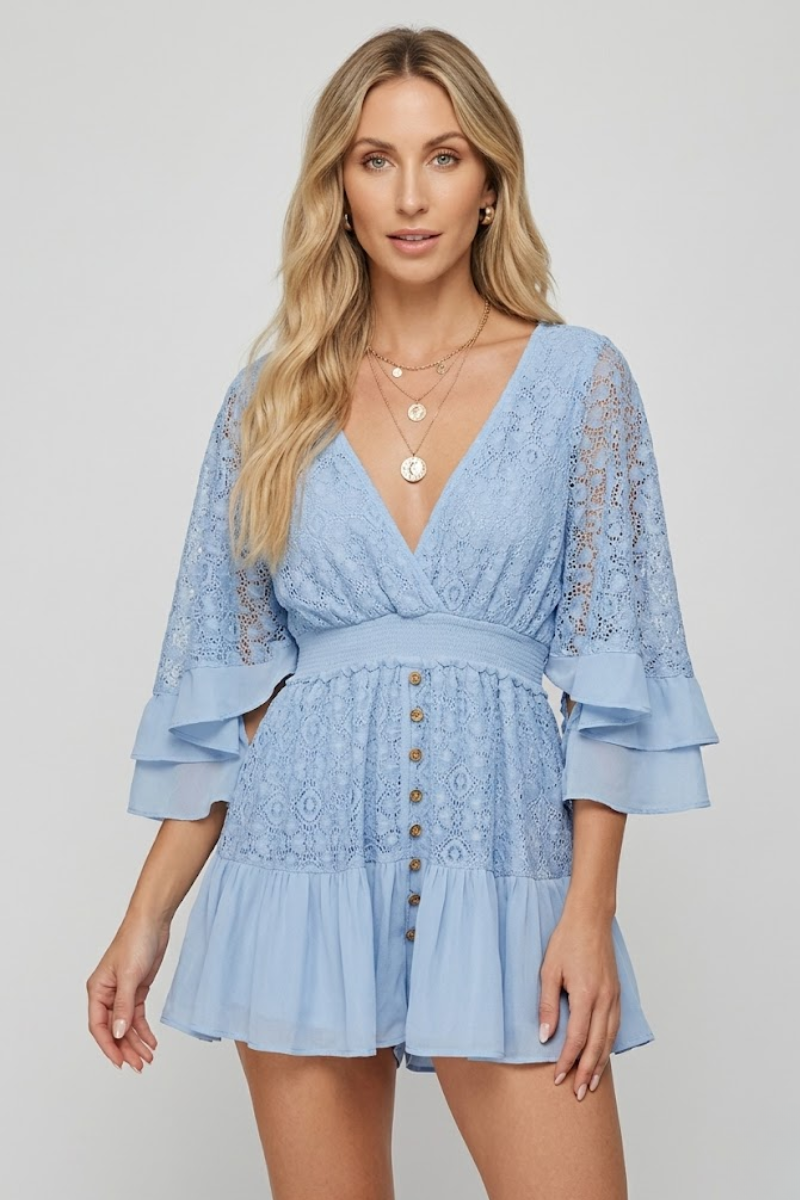 Lace Summer Mini Dress for Women – V Neck Button Front A Line Dress