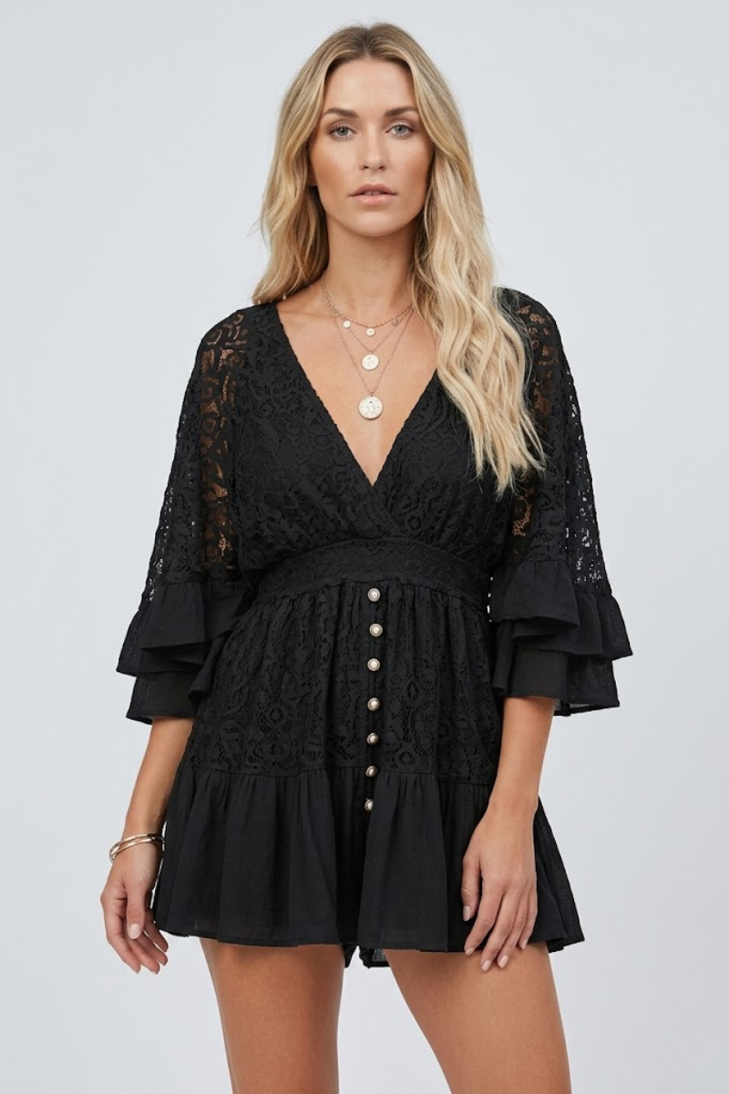 Lace Summer Mini Dress for Women – V Neck Button Front A Line Dress