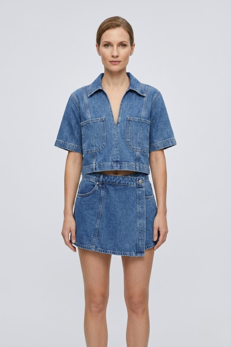 Women's 2 Piece Denim Top and Asymmetric Skirt Outfit